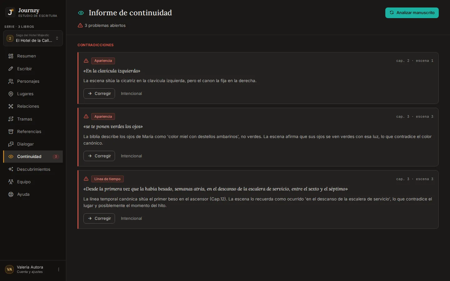 El informe de continuidad con tres problemas abiertos —dos de apariencia y uno de línea temporal—, cada uno con los botones Corregir e Intencional.